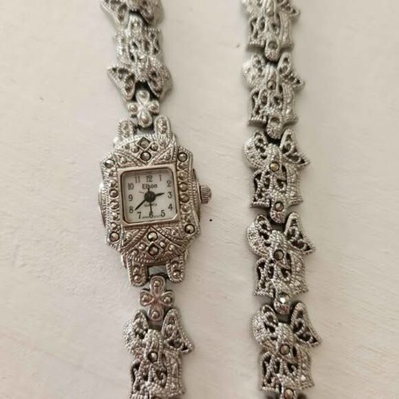 Vtg Eikon Art Deco Wrist Watch & Bracelet Set Silvertone Bows Marcasite Coquette main image 9